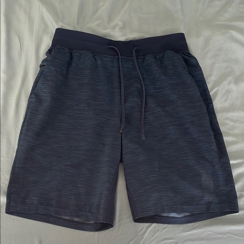 Mens Navy Blue Lululemon Athletic Shorts with Elastic Waistband and Drawstring